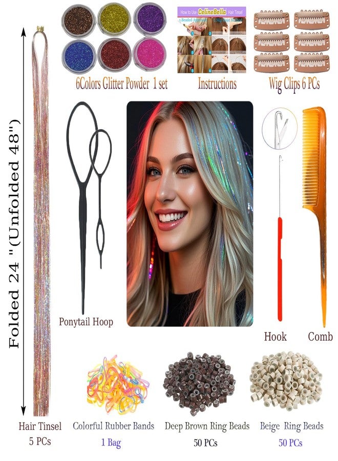 CelineBella Rainbow Hair Tinsel Kit,Galaxy Pattern Tinsel Hair Extensions,Single Strands Mixed Colors,3-Color Ombre Effect,3-Tones Gradient Fairy Hair for Women for Party Cosplay Daily Use - Image 2